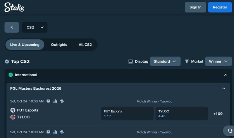CS2 betting on Stake: PGL Masters matches