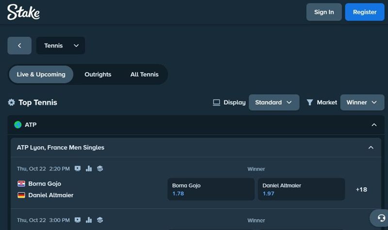 Tennis section on Stake with ATP matches