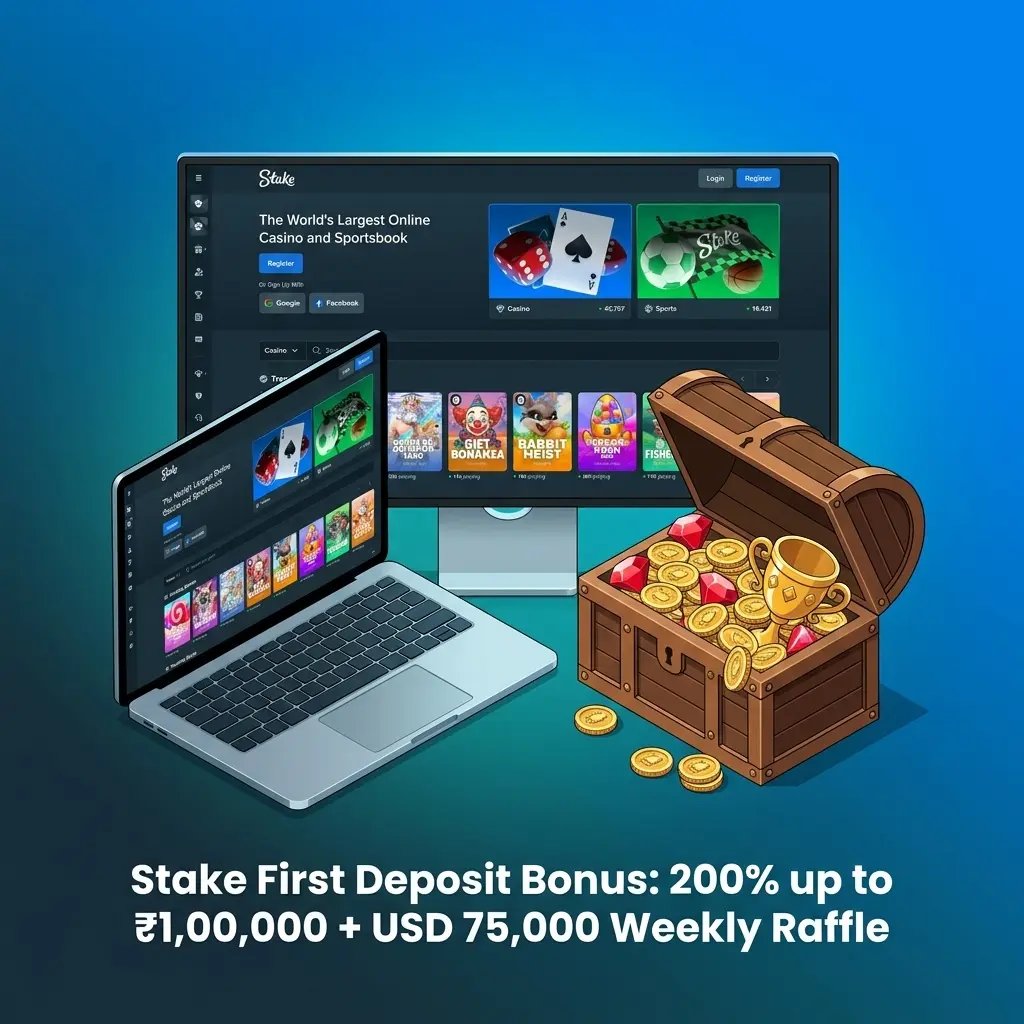 Stake First Deposit Bonus: 200% up to ₹1,00,000 + USD 75,000 Weekly Raffle