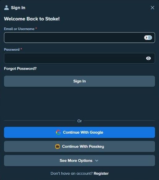 Stake sign-in form with email or username and password
